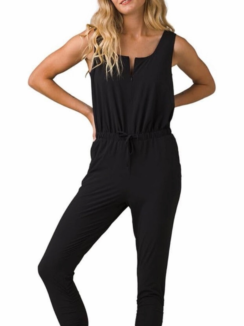 prAna Jumpsuit Black Sleeveless Zip Drawstring Waist Ruched Legs Small